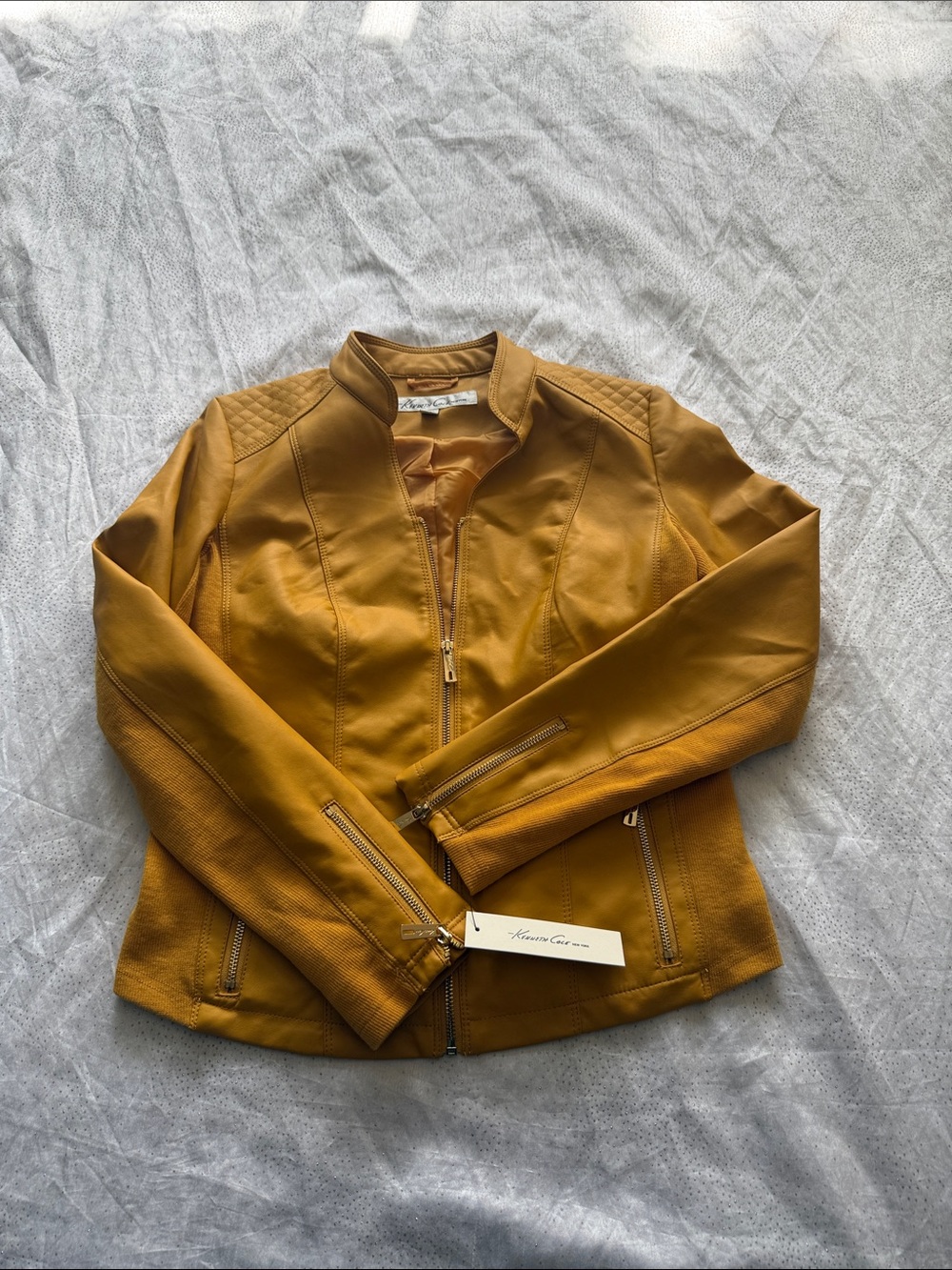 Kenneth Cole Mustard Yellow Faux Leather Moto Jacket for women’s size S